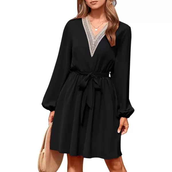 imagePRETTYGARDEN Womens 2023 Casual Fall Dress Long Sleeve Lace Trim V Neck Belted Short A Line Flowy DressBlack