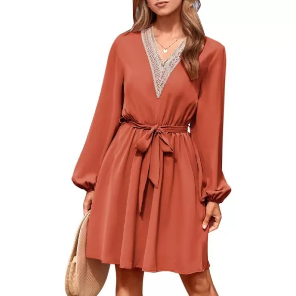 imagePRETTYGARDEN Womens 2023 Casual Fall Dress Long Sleeve Lace Trim V Neck Belted Short A Line Flowy DressBrick Red