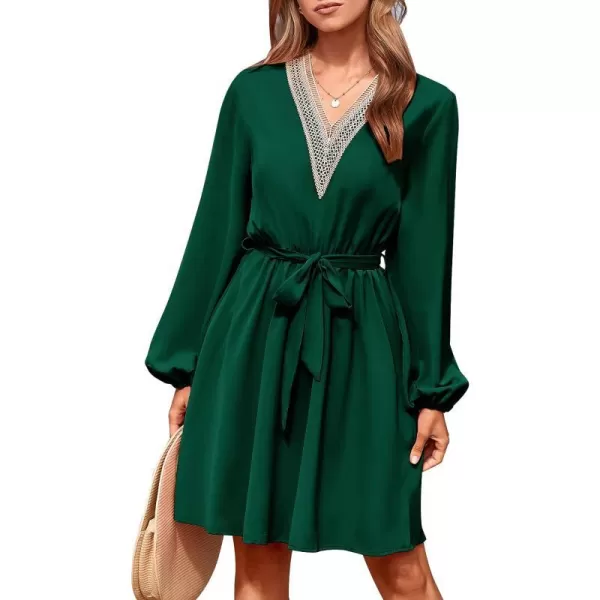 imagePRETTYGARDEN Womens 2023 Casual Fall Dress Long Sleeve Lace Trim V Neck Belted Short A Line Flowy DressDark Green