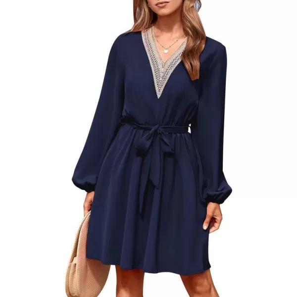 imagePRETTYGARDEN Womens 2023 Casual Fall Dress Long Sleeve Lace Trim V Neck Belted Short A Line Flowy DressNavy