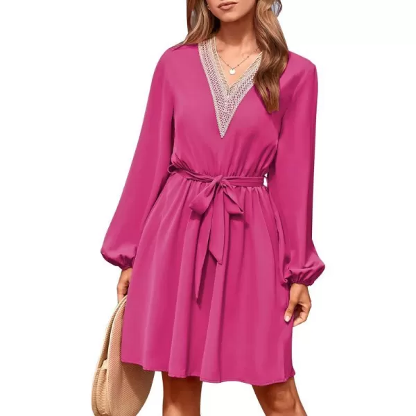 imagePRETTYGARDEN Womens 2023 Casual Fall Dress Long Sleeve Lace Trim V Neck Belted Short A Line Flowy DressRose Red