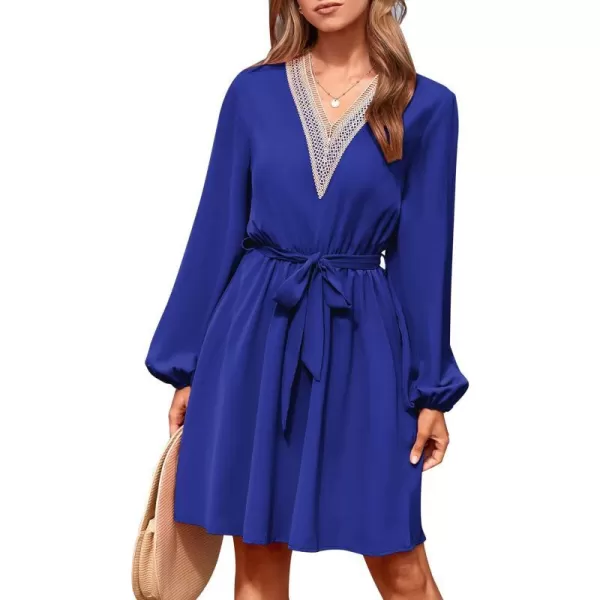 imagePRETTYGARDEN Womens 2023 Casual Fall Dress Long Sleeve Lace Trim V Neck Belted Short A Line Flowy DressRoyal Blue