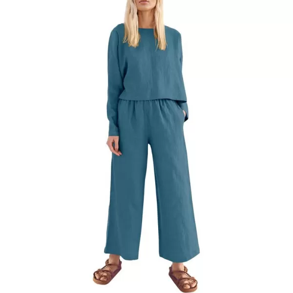 imagePRETTYGARDEN Womens 2023 Fall 2 Piece Outfit Tracksuits Casual Linen Long Sleeve Tops And Wide Leg Pants Lounge SetsBlue