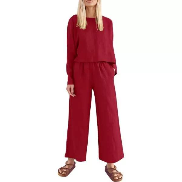 imagePRETTYGARDEN Womens 2023 Fall 2 Piece Outfit Tracksuits Casual Linen Long Sleeve Tops And Wide Leg Pants Lounge SetsRed