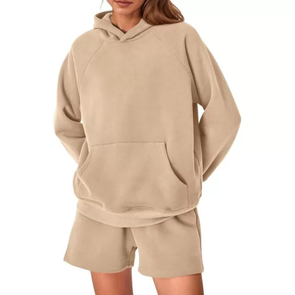 imagePRETTYGARDEN Womens 2023 Fall 2 Piece Outfits Sweatsuits Hoodie Sweatshirt And Lounge Shorts Tracksuit SetsKhaki