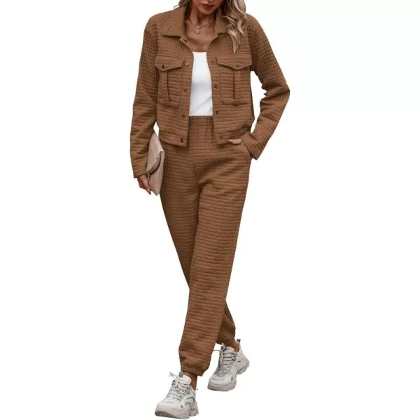 imagePRETTYGARDEN Womens 2023 Fall 2 Piece Outfits Tracksuit Long Sleeve Button Down Shacket Jacket Pockets Long Pants Casual SetCamel
