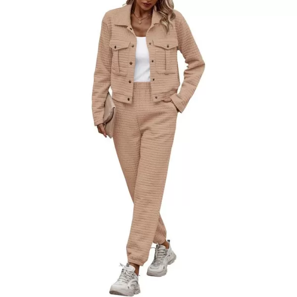 imagePRETTYGARDEN Womens 2023 Fall 2 Piece Outfits Tracksuit Long Sleeve Button Down Shacket Jacket Pockets Long Pants Casual SetDark Khaki