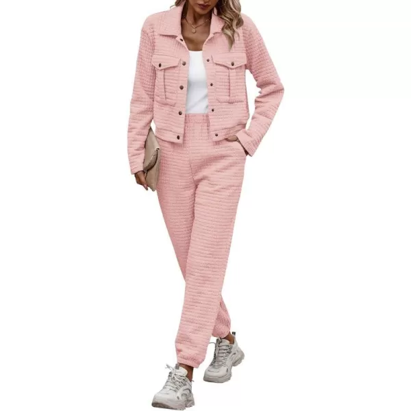 imagePRETTYGARDEN Womens 2023 Fall 2 Piece Outfits Tracksuit Long Sleeve Button Down Shacket Jacket Pockets Long Pants Casual SetPink