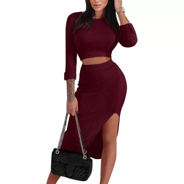 imagePRETTYGARDEN Womens 2023 Fall 2 Piece Outfits Tracksuit Rib Knit Crop Tops And Slit Midi Bodycon Skirt Dress SetsWine Red