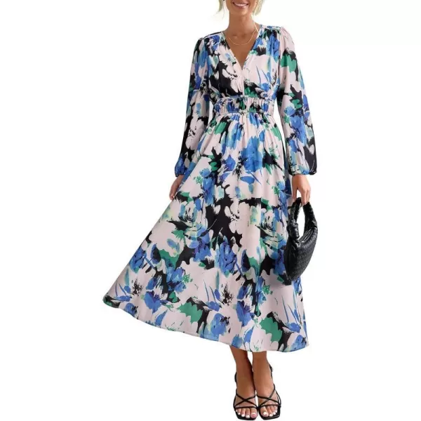 imagePRETTYGARDEN Womens 2023 Fall Boho Maxi Dress Casual Long Sleeve V Neck Printed Beach Long Flowy DressesBlack Blue Floral