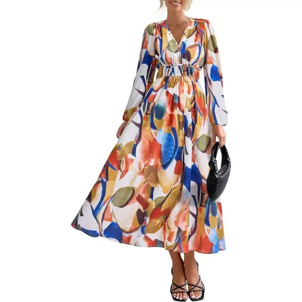 imagePRETTYGARDEN Womens 2023 Fall Boho Maxi Dress Casual Long Sleeve V Neck Printed Beach Long Flowy DressesBlue Watercolour