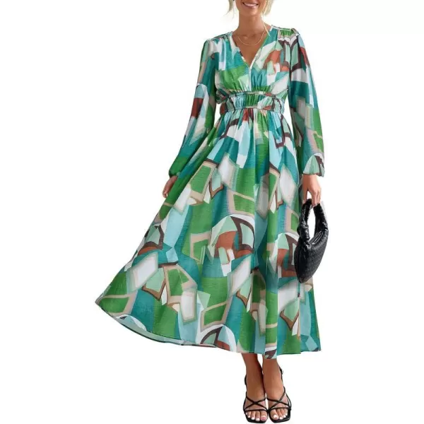 imagePRETTYGARDEN Womens 2023 Fall Boho Maxi Dress Casual Long Sleeve V Neck Printed Beach Long Flowy DressesGreen