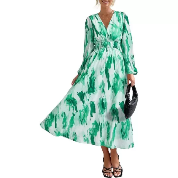 imagePRETTYGARDEN Womens 2023 Fall Boho Maxi Dress Casual Long Sleeve V Neck Printed Beach Long Flowy DressesGreen Watercolour