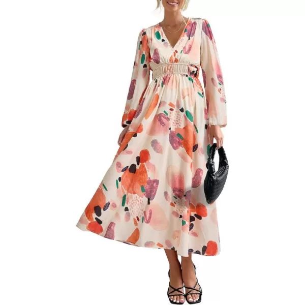 imagePRETTYGARDEN Womens 2023 Fall Boho Maxi Dress Casual Long Sleeve V Neck Printed Beach Long Flowy DressesOrange Watercolour