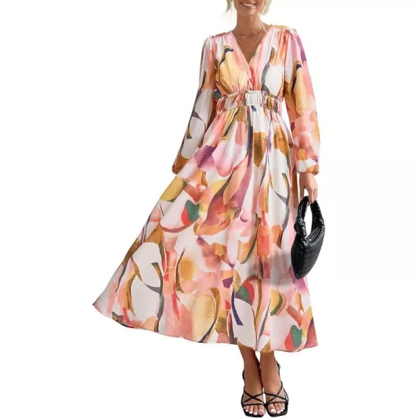imagePRETTYGARDEN Womens 2023 Fall Boho Maxi Dress Casual Long Sleeve V Neck Printed Beach Long Flowy DressesPink Watercolour