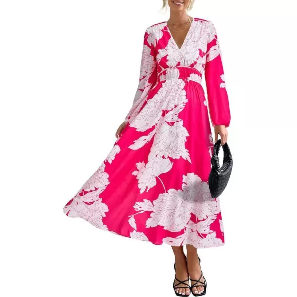 imagePRETTYGARDEN Womens 2023 Fall Boho Maxi Dress Casual Long Sleeve V Neck Printed Beach Long Flowy DressesRose Red Floral