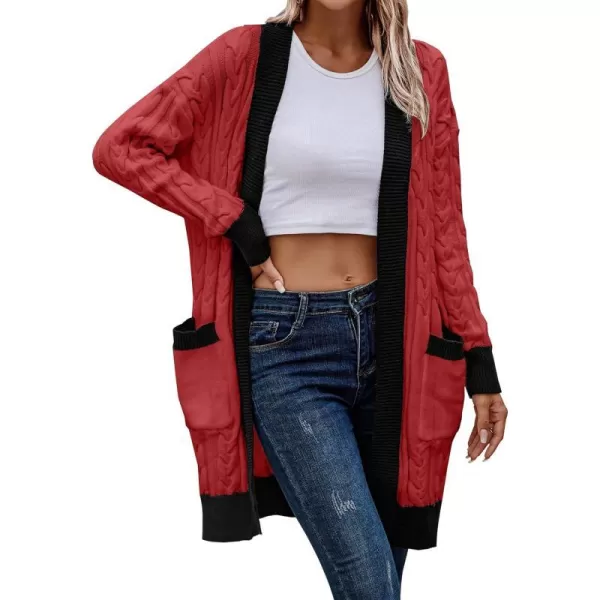 imagePRETTYGARDEN Womens 2023 Fall Cable Knit Cardigan Sweaters Casual Long Sleeve Open Front Loose Outerwear CoatsRed