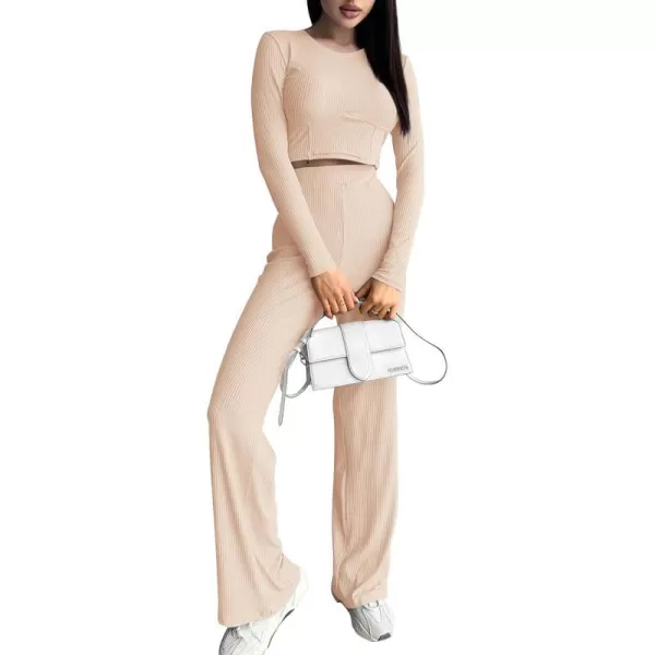 imagePRETTYGARDEN Womens 2023 Fall Casual 2 Piece Outfits Rib Knit Crop Tops And Long Pants Lounge Sets TracksuitsApricot