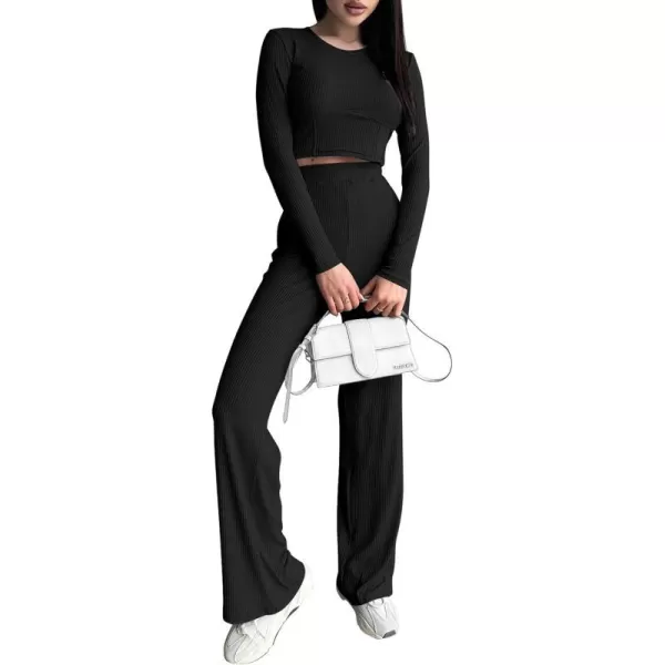 imagePRETTYGARDEN Womens 2023 Fall Casual 2 Piece Outfits Rib Knit Crop Tops And Long Pants Lounge Sets TracksuitsBlack