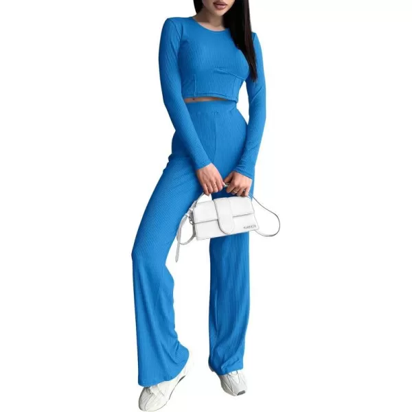 imagePRETTYGARDEN Womens 2023 Fall Casual 2 Piece Outfits Rib Knit Crop Tops And Long Pants Lounge Sets TracksuitsBlue