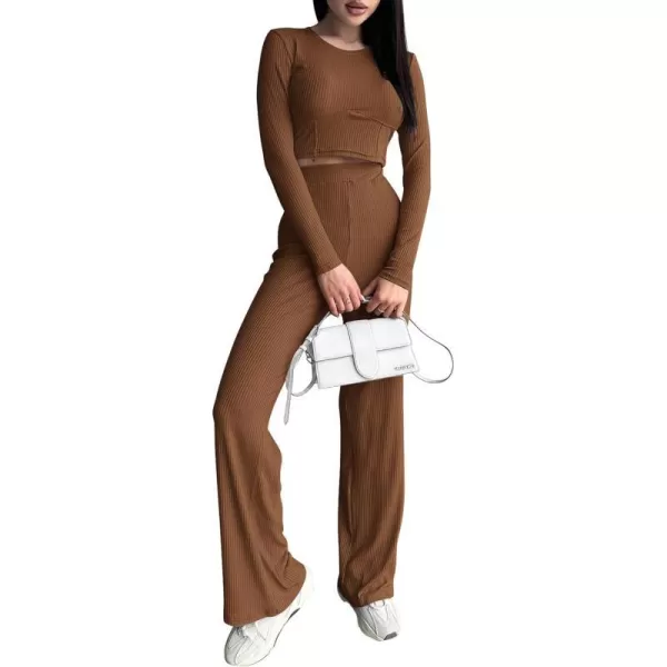 imagePRETTYGARDEN Womens 2023 Fall Casual 2 Piece Outfits Rib Knit Crop Tops And Long Pants Lounge Sets TracksuitsBrown