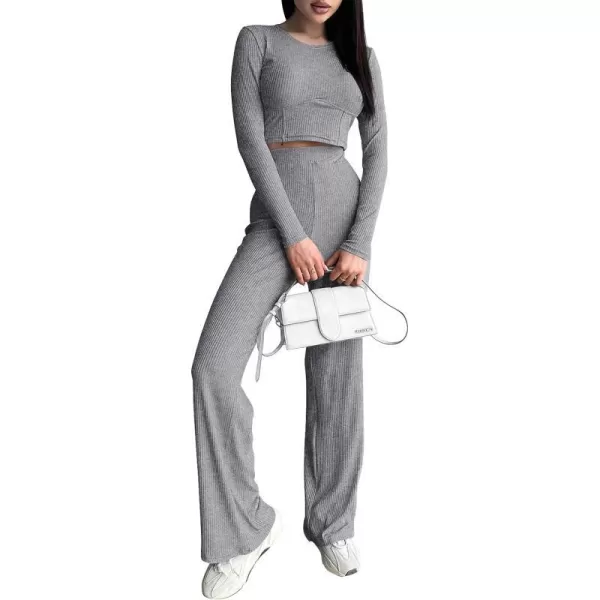 imagePRETTYGARDEN Womens 2023 Fall Casual 2 Piece Outfits Rib Knit Crop Tops And Long Pants Lounge Sets TracksuitsGrey