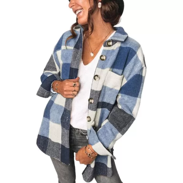 imagePRETTYGARDEN Womens 2023 Fall Clothes Plaid Shacket Jacket Long Sleeve Button Down Flannel Shirts Fashion BlouseDark Blue