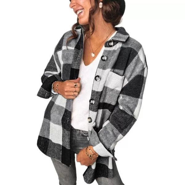 imagePRETTYGARDEN Womens 2023 Fall Clothes Plaid Shacket Jacket Long Sleeve Button Down Flannel Shirts Fashion BlouseGrey
