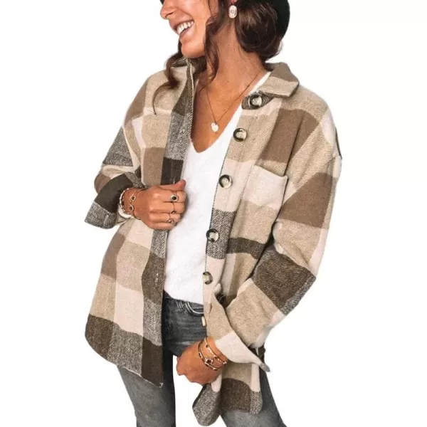 imagePRETTYGARDEN Womens 2023 Fall Clothes Plaid Shacket Jacket Long Sleeve Button Down Flannel Shirts Fashion BlouseKhaki