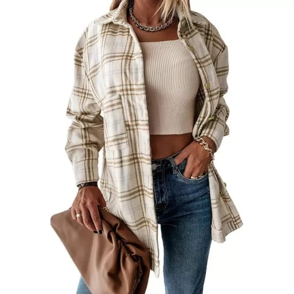 imagePRETTYGARDEN Womens 2023 Fall Clothes Plaid Shacket Jacket Long Sleeve Button Down Flannel Shirts Fashion BlousePlaid Khaki