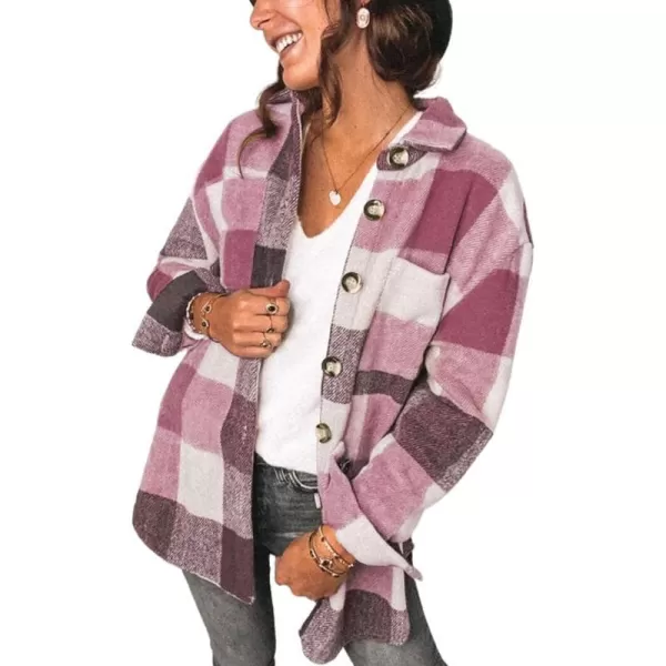 imagePRETTYGARDEN Womens 2023 Fall Clothes Plaid Shacket Jacket Long Sleeve Button Down Flannel Shirts Fashion BlousePlaid Red