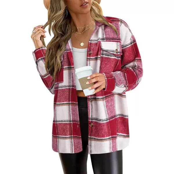 imagePRETTYGARDEN Womens 2023 Fall Clothes Plaid Shacket Jacket Long Sleeve Button Down Flannel Shirts Fashion BlousePlaid Red White
