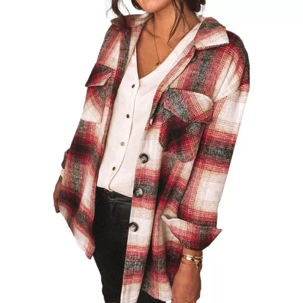 imagePRETTYGARDEN Womens 2023 Fall Clothes Plaid Shacket Jacket Long Sleeve Button Down Flannel Shirts Fashion BlouseRed