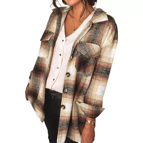 imagePRETTYGARDEN Womens 2023 Fall Clothes Plaid Shacket Jacket Long Sleeve Button Down Flannel Shirts Fashion BlouseWine Red