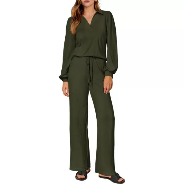 imagePRETTYGARDEN Womens 2023 Fall Clothes Two Piece Outfit Set Long Sleeve Lapel V Neck Tops Blouses Wide Leg Pants TracksuitArmy Green