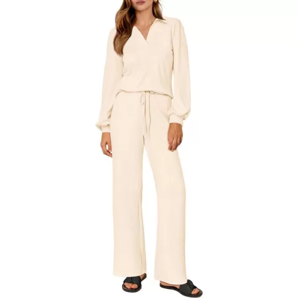 imagePRETTYGARDEN Womens 2023 Fall Clothes Two Piece Outfit Set Long Sleeve Lapel V Neck Tops Blouses Wide Leg Pants TracksuitBeige