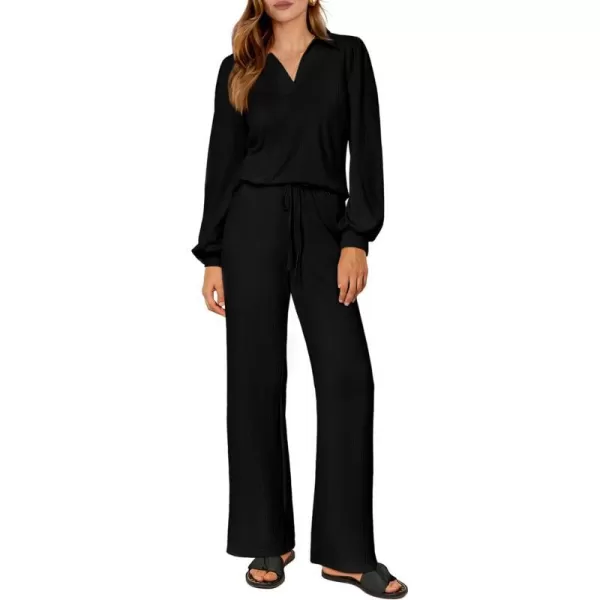 imagePRETTYGARDEN Womens 2023 Fall Clothes Two Piece Outfit Set Long Sleeve Lapel V Neck Tops Blouses Wide Leg Pants TracksuitBlack