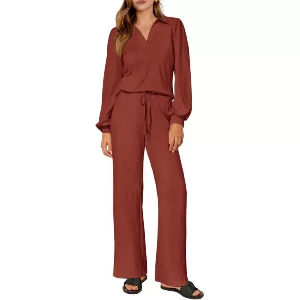 imagePRETTYGARDEN Womens 2023 Fall Clothes Two Piece Outfit Set Long Sleeve Lapel V Neck Tops Blouses Wide Leg Pants TracksuitBrick Red