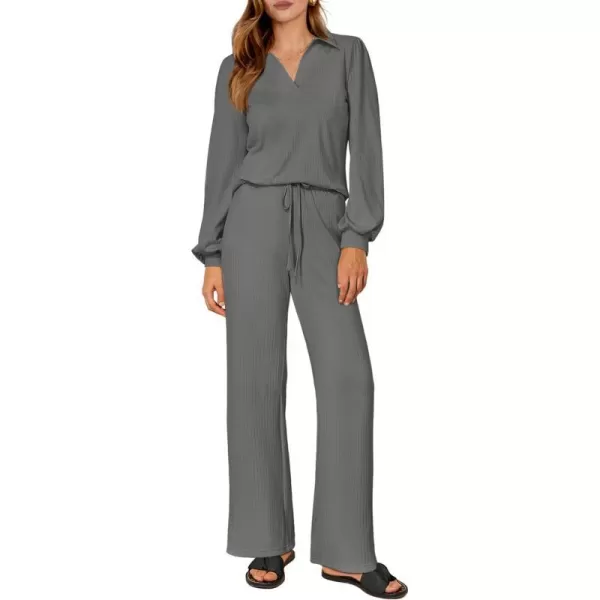 imagePRETTYGARDEN Womens 2023 Fall Clothes Two Piece Outfit Set Long Sleeve Lapel V Neck Tops Blouses Wide Leg Pants TracksuitGrey