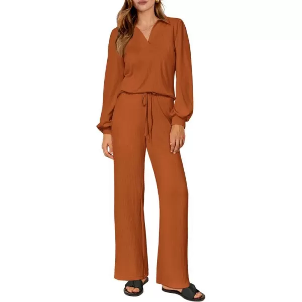 imagePRETTYGARDEN Womens 2023 Fall Clothes Two Piece Outfit Set Long Sleeve Lapel V Neck Tops Blouses Wide Leg Pants TracksuitLight Brown