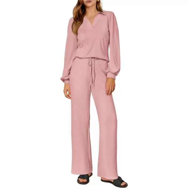 imagePRETTYGARDEN Womens 2023 Fall Clothes Two Piece Outfit Set Long Sleeve Lapel V Neck Tops Blouses Wide Leg Pants TracksuitPink