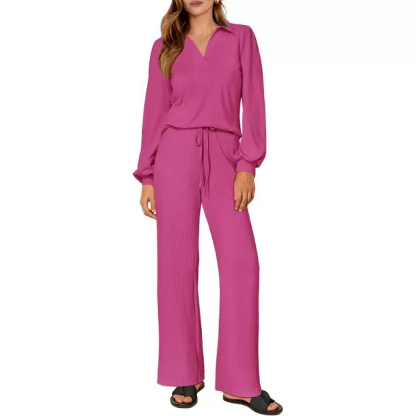 imagePRETTYGARDEN Womens 2023 Fall Clothes Two Piece Outfit Set Long Sleeve Lapel V Neck Tops Blouses Wide Leg Pants TracksuitRose Red
