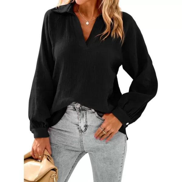 imagePRETTYGARDEN Womens 2023 Fall Fashion Blouse Tops Casual Long Sleeve V Neck Collared Cotton Linen ShirtsBlack