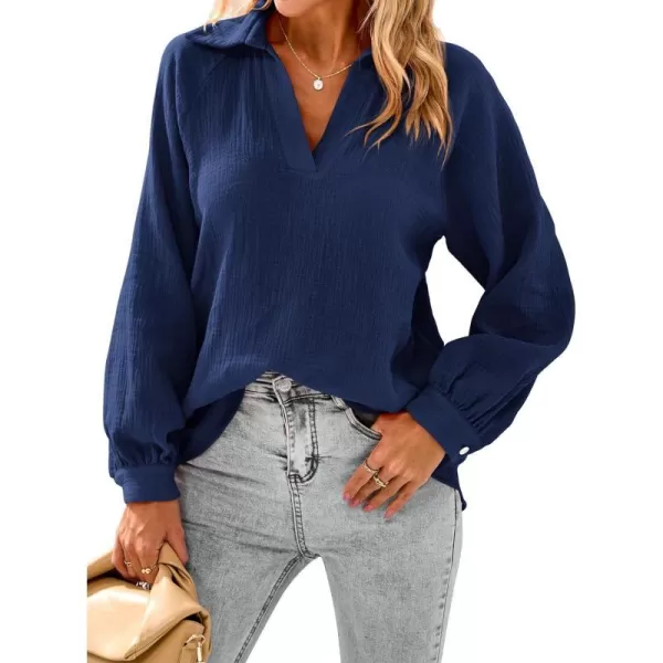 imagePRETTYGARDEN Womens 2023 Fall Fashion Blouse Tops Casual Long Sleeve V Neck Collared Cotton Linen ShirtsDark Blue