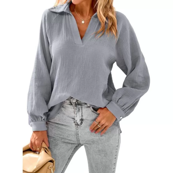 imagePRETTYGARDEN Womens 2023 Fall Fashion Blouse Tops Casual Long Sleeve V Neck Collared Cotton Linen ShirtsGrey