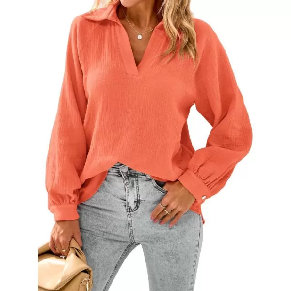 imagePRETTYGARDEN Womens 2023 Fall Fashion Blouse Tops Casual Long Sleeve V Neck Collared Cotton Linen ShirtsLight Orange