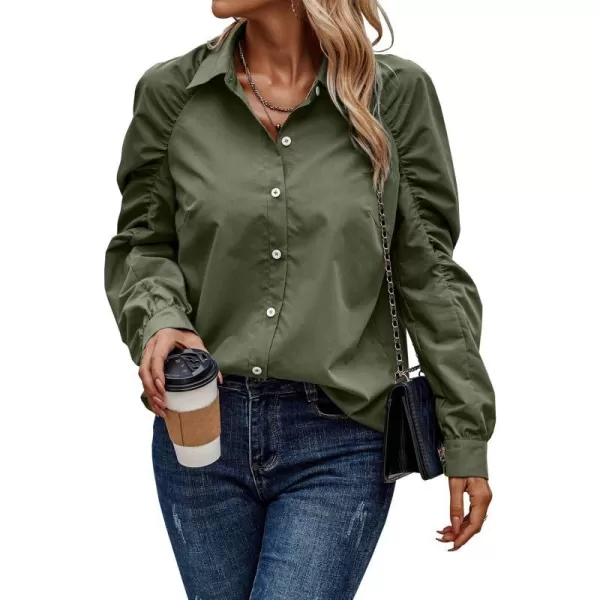 imagePRETTYGARDEN Womens 2023 Fall Fashion Button Down Shirts Ruched Long Sleeve Business Casual Blouse TopsArmy Green