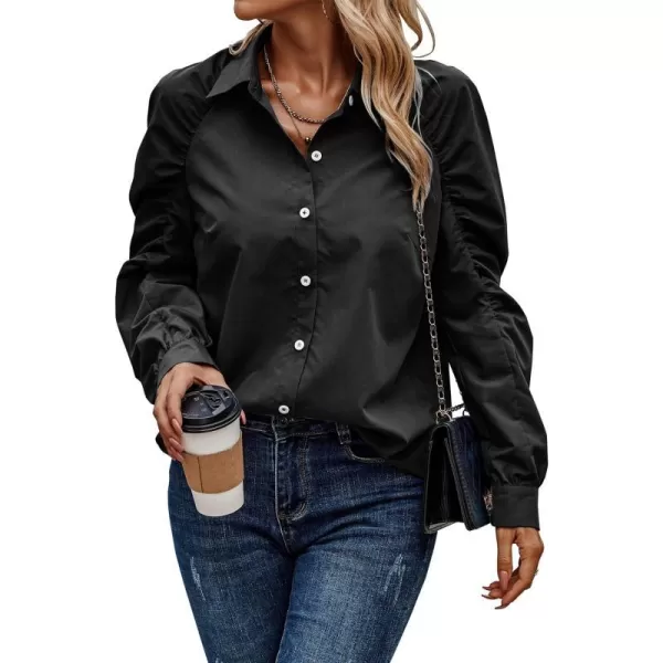 imagePRETTYGARDEN Womens 2023 Fall Fashion Button Down Shirts Ruched Long Sleeve Business Casual Blouse TopsBlack