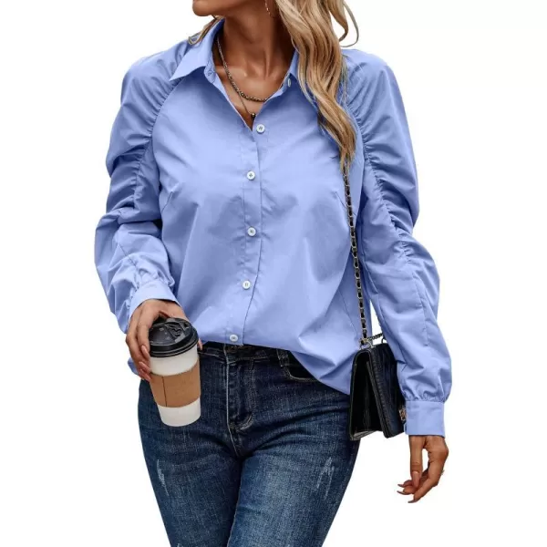 imagePRETTYGARDEN Womens 2023 Fall Fashion Button Down Shirts Ruched Long Sleeve Business Casual Blouse TopsBlue