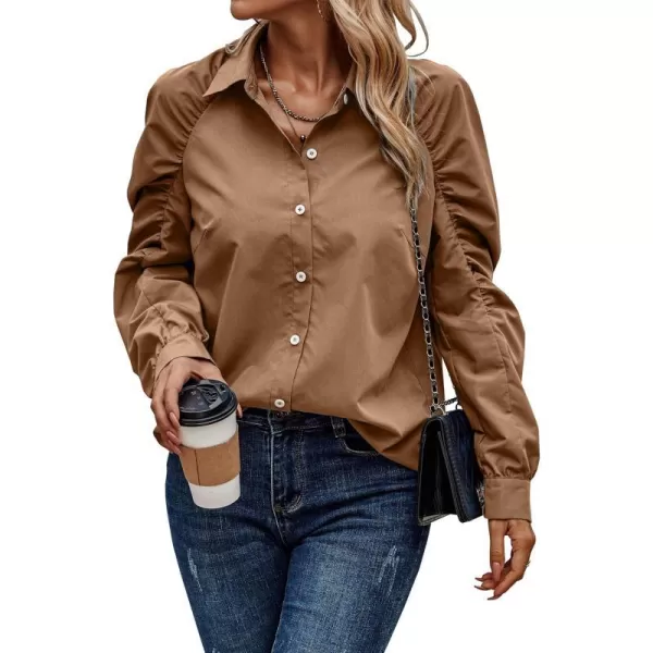 imagePRETTYGARDEN Womens 2023 Fall Fashion Button Down Shirts Ruched Long Sleeve Business Casual Blouse TopsBrown